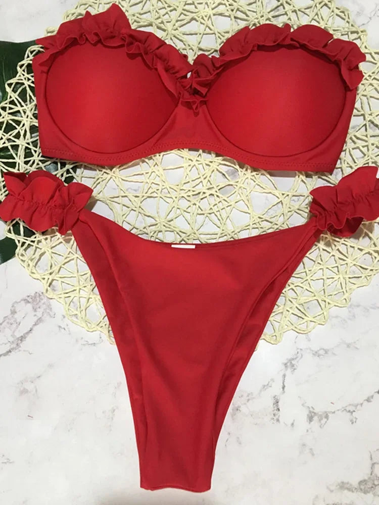 Ruffled Bra Cup Bikinis 2025 Bandeau Bikinis Women Swimsuit Female Swimwear Two Pieces Bikini Set High Cut Bathing Suit Swim