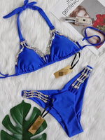 Sexy Rhinestone Bikini Set 2025 Shinny Hot Pink Push Up Thong Swimsuit Brazilian Diamond Metal Chain Beach Bathing Suit Swimwear