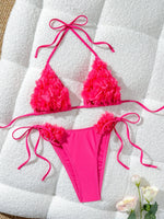Women's Erotic Naughty Lingerie Sets Halter Neck 3D Mesh Flower Bra and Tie Up Thong