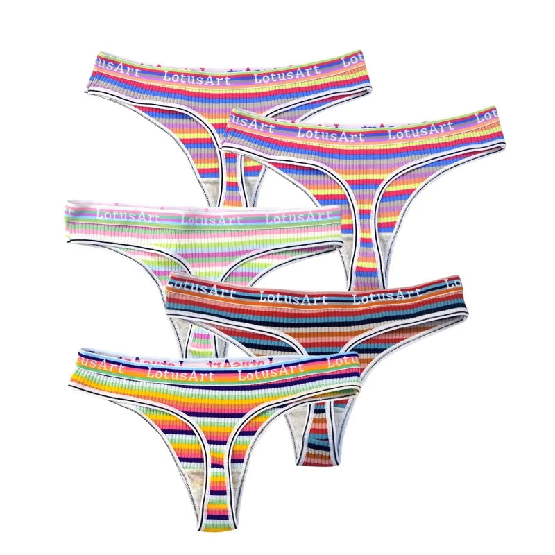 5Pcs/Set G-string Women Panties Female Low Waist Thongs Seamless Underwear Sexy Lingerie Rainbow Striped Cotton Underpants M-XL