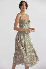 Sexy Low Cut Spaghetti Strap Maxi Dresses For Women Color Flower Printed Chest Wrap Bowknot Leace-up Long Dress Elegant Vestidos