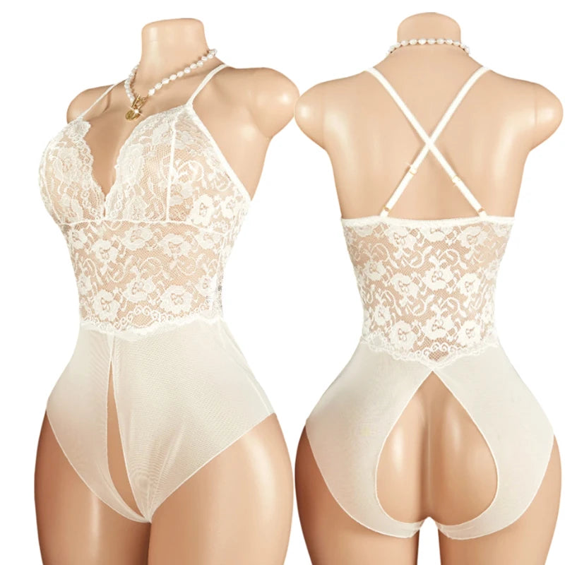 Woman Crotchless Lingerie Bodysuit Erotic Lace Mesh Underwear Babydoll Dresses Sexy Pajamas See Through Jump Suit Desire Costume