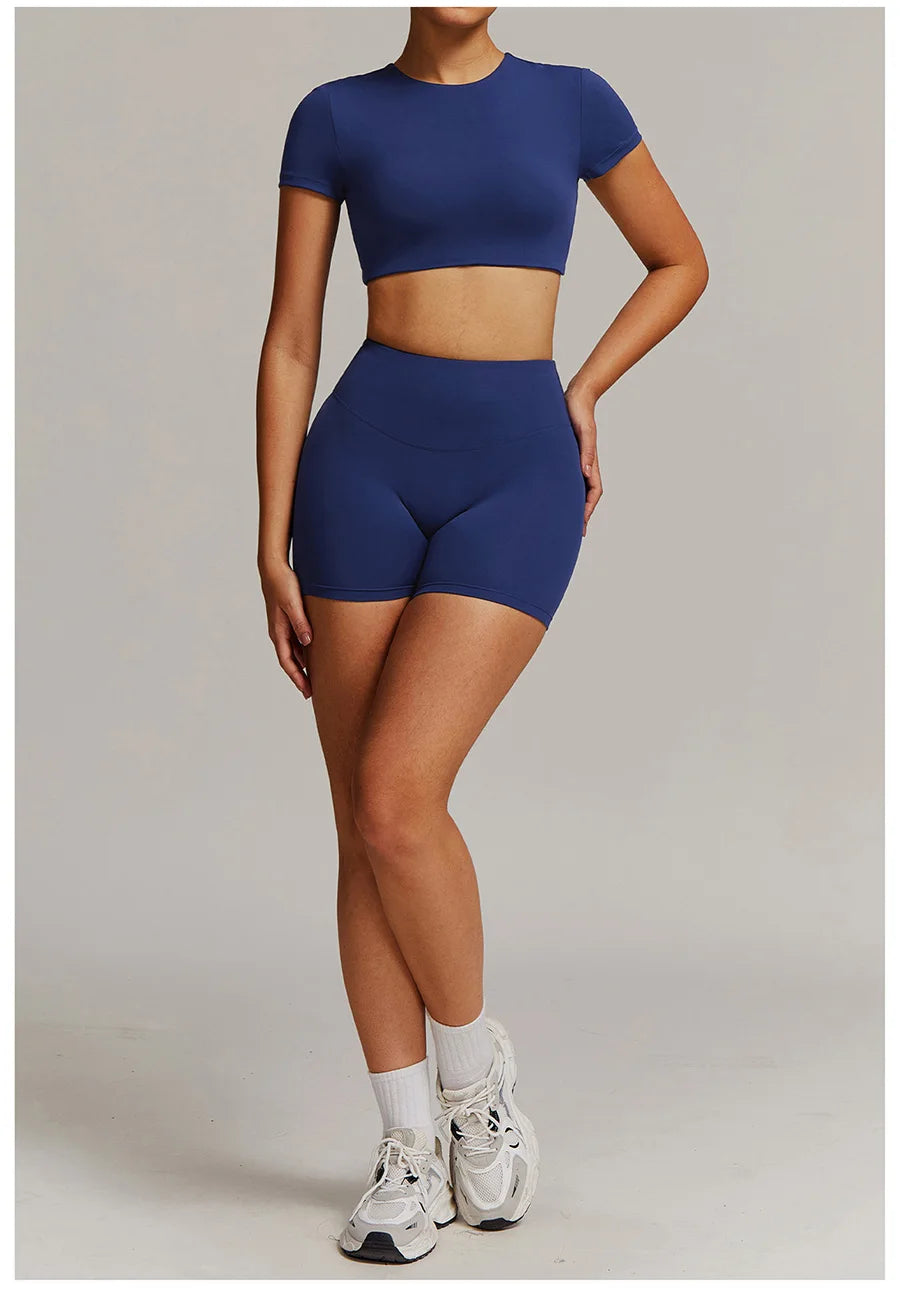 Women 2PCS Yoga Suit Sports Gym Set Tracksuit Workout Long Sleeve Shirt Fitness Flared leggings Short sleeve shorts running suit