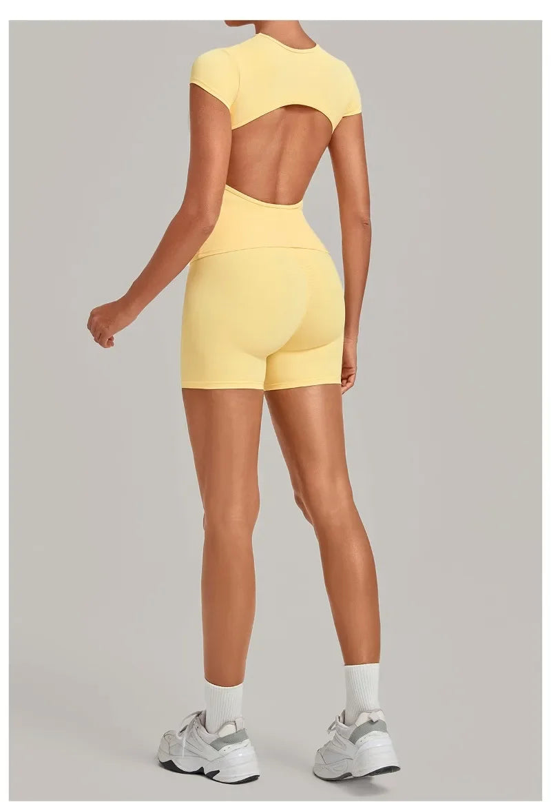 Women's Seamless Yoga Sets Sports Fitness Workout Hip-lifting High Waist Shorts Backless Short-sleeve Vest Suit Gym Training Set