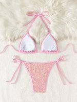 Shiny Sequin Pink Black Bikini Women Sexy Mesh Push Up Bra Tie Side Thong Swimsuit 2026 Brazilian BeachBathing Suit Swimwear