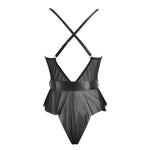 Sexy See Through Lingerie Woman Lace Transparent Underwear Bodysuits Deep V Neck Ruffle Hem Satin Bow Sheer Mesh Teddy Body Suit