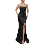Women's Sparkly Sequin Long Formal Dress Square Neck Backless Split Mermaid Prom Dress Spaghetti Strap Evening Party Gown