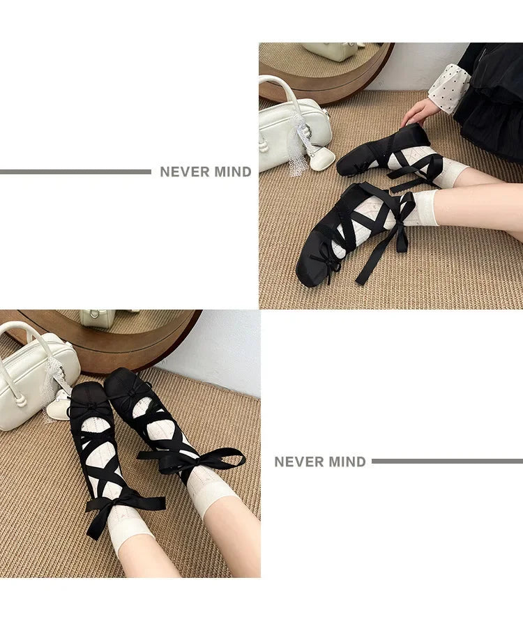 2026 Women Satin Ballet Shoes Breathable Lightweight Ribbon Lace Up Non Slip Square Toe for Office Summer Daily All Season Wear