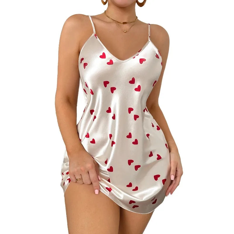 Women's V Neck Spaghetti Strap Nightdress Heart Print Sexy Nightwear Sleepwear Outfit For Home Wear Romantic Date
