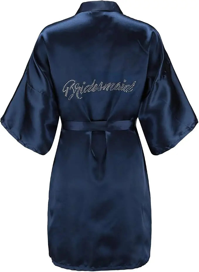 Women's Satin Kimono Robes with Rhinestones Bride Bridesmaid Short Getting Ready Wedding Dressing Gown