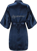 Women's Satin Kimono Robes with Rhinestones Bride Bridesmaid Short Getting Ready Wedding Dressing Gown