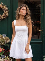 2026 Summer Women's Floral Eyelet White Cami Dress Sleeveless Square Neck A-line Dress Beach Bohemian Retro Sundress