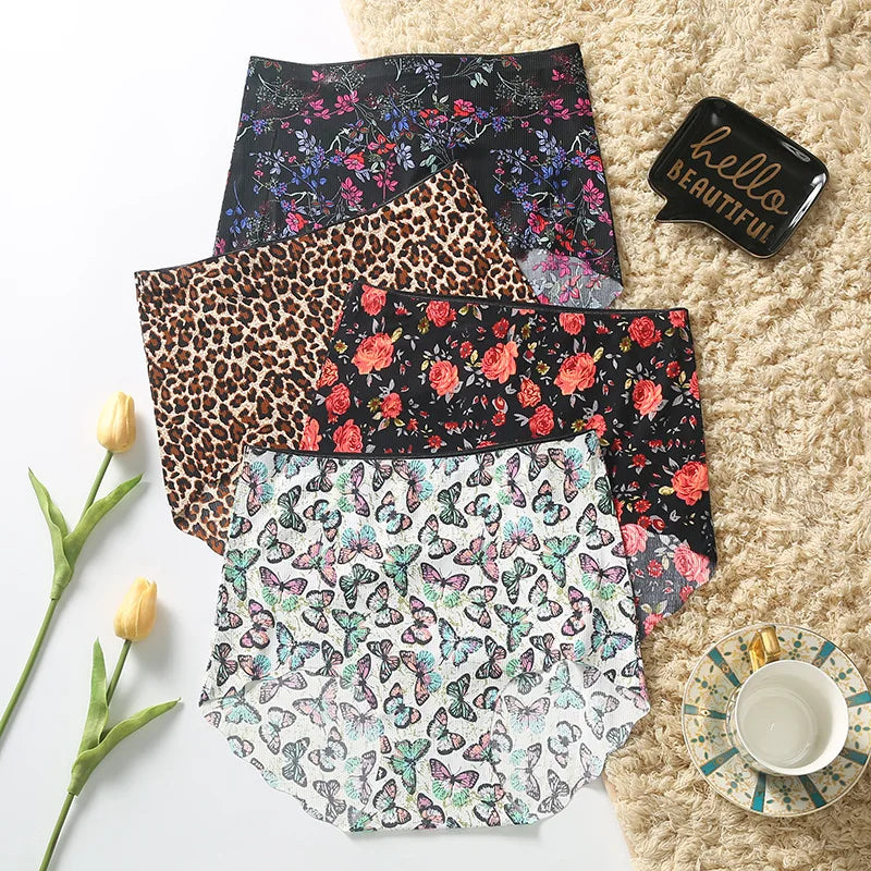 Women High Waist Panties Ice Silk Seamless Tummy Control Briefs Sexy Printing Flowers Soft Comfort Underwear Butt Lifter Panty
