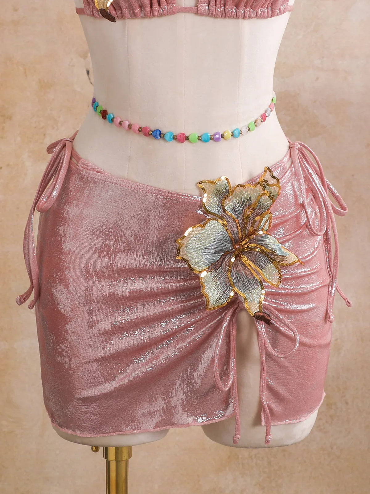 Sexy Beige 3D Flowers Embroidered Bikini Set 2026 Women Drawstring Cover Up 3 Piece Swimsuit Beach Bathing Suit Holiday Swimwear