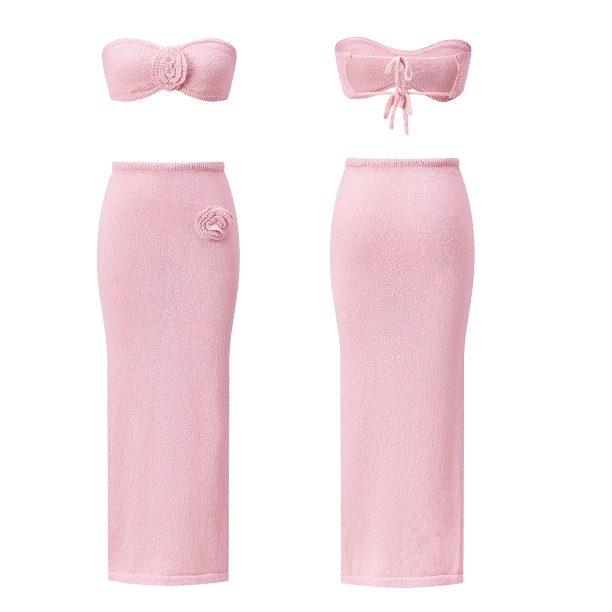 Women’s Two Piece Knit Summer Outfits Strapless 3D Flower Tube Tops and Long Skirt Set Beachwear Sexy Club Holiday Clothes