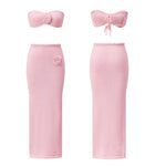 Women’s Two Piece Knit Summer Outfits Strapless 3D Flower Tube Tops and Long Skirt Set Beachwear Sexy Club Holiday Clothes