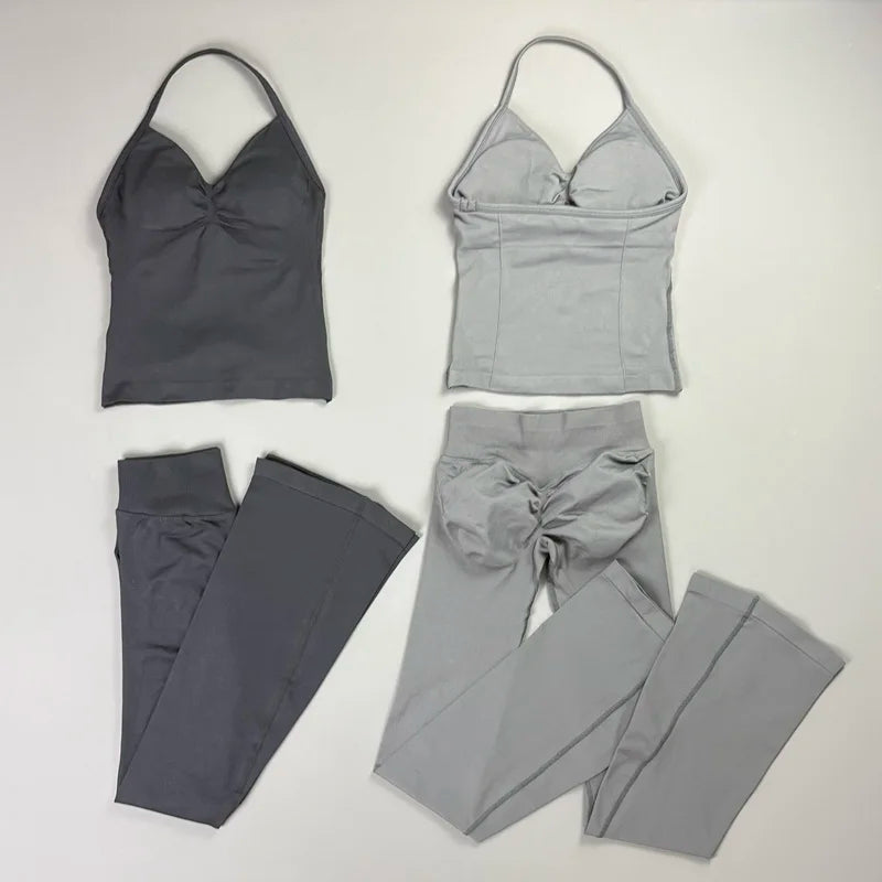 2 Piece Yoga Flares Leggings Set Seamless Women Gym Tank Top and Booty Lift Fitness Flared Pants Open Back Workout Sports Suit