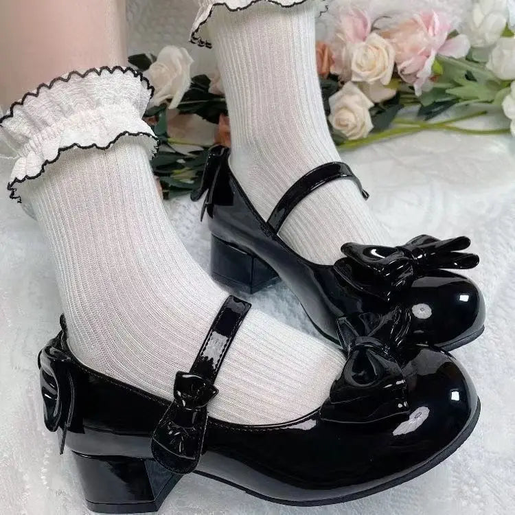 Lolita Style Cute Round Head Jane Pumps With Bow Women's Sweet Party Dress Midi Heels Shoes Fashion PU Sandals