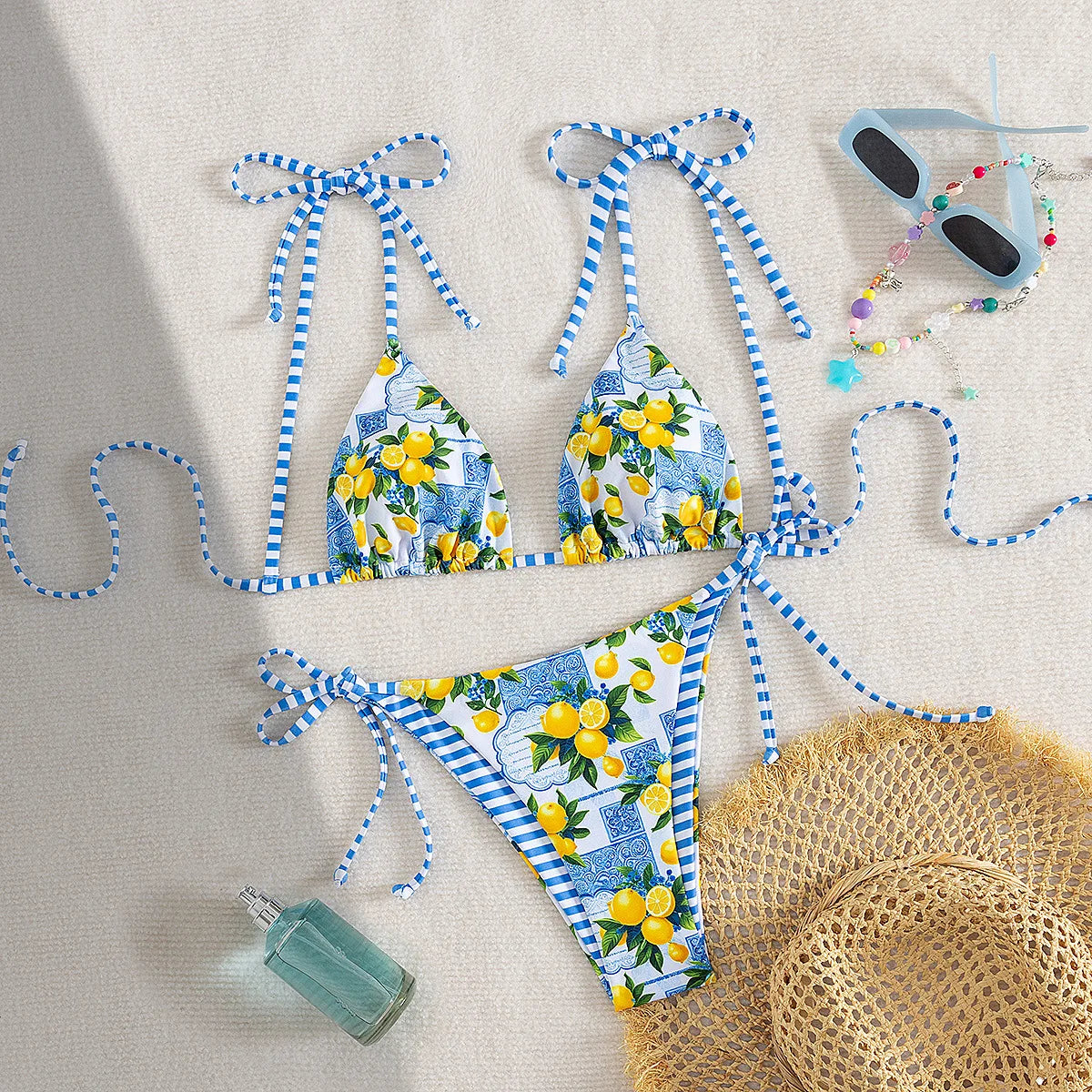 Sexy Blue Fruit Print Micro Bikini 2025 Women Tie Up Strap Push Up Triangle Swimsuit Beach Bathing Suit Holiday 2 Piece Swimwear