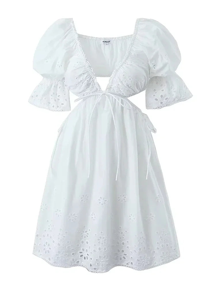Foridol Lace Summer White Dress Women Puff Sleeve Embriodery Waist Cut Out Beach Short Sexy Cotton Dress Backless 2025 Sundress