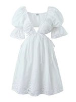 Foridol Lace Summer White Dress Women Puff Sleeve Embriodery Waist Cut Out Beach Short Sexy Cotton Dress Backless 2025 Sundress