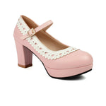 Plus Size 45 Sweet Mary Janes Shoes Women Cute Blue Block High Heels Lolita Pumps Lovely Pink Heart Edge Platform High-heeled