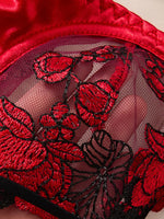 3/4 cup gathered satin lace lingerie set - red rose embroidered netting sheer women's bra and panties set ZA825127