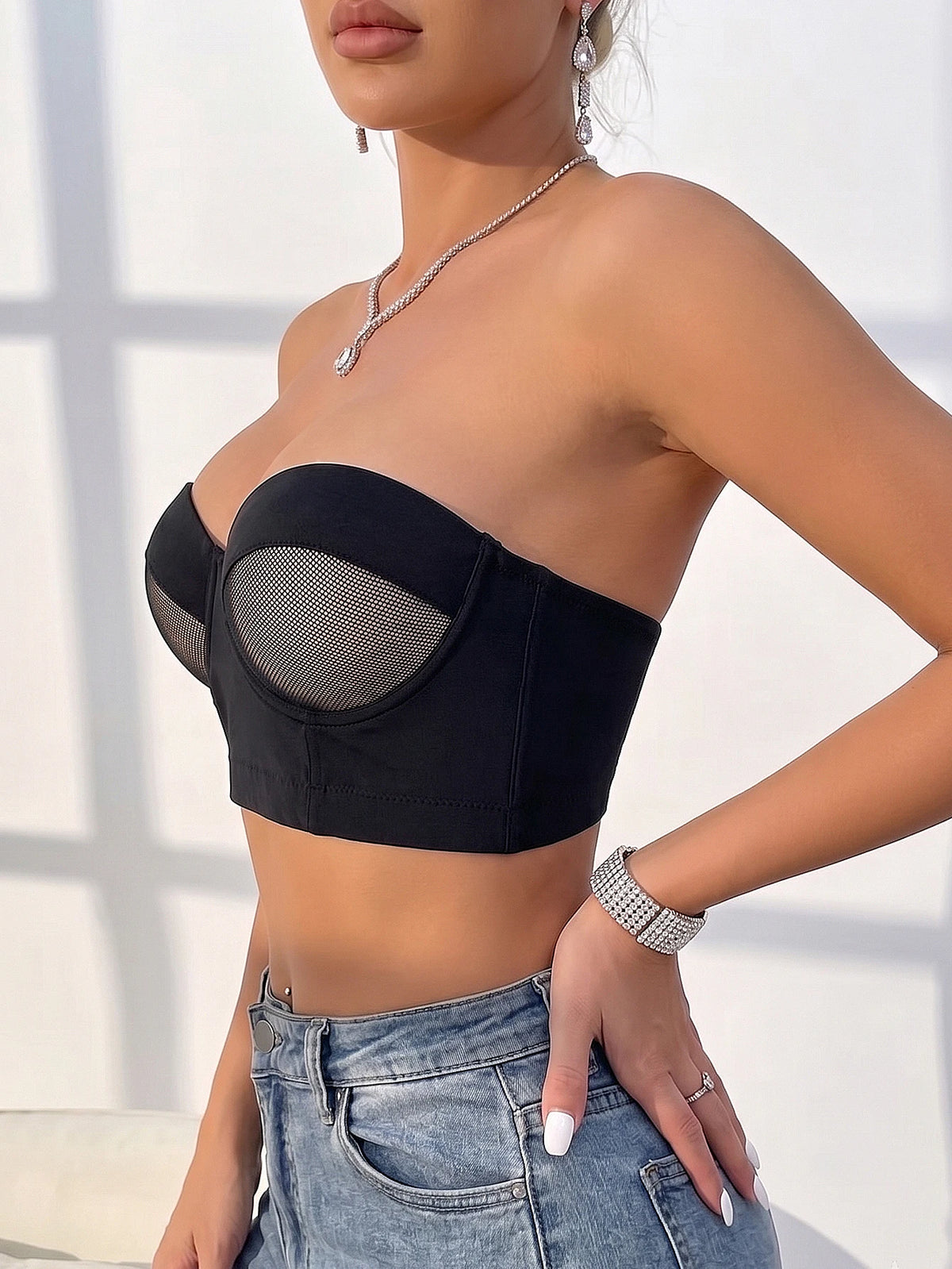 Removable Strap Strapless Mesh Bustier Bra Push‑Up Longline Bandeau Fashion Comfort Women Lingerie Top
