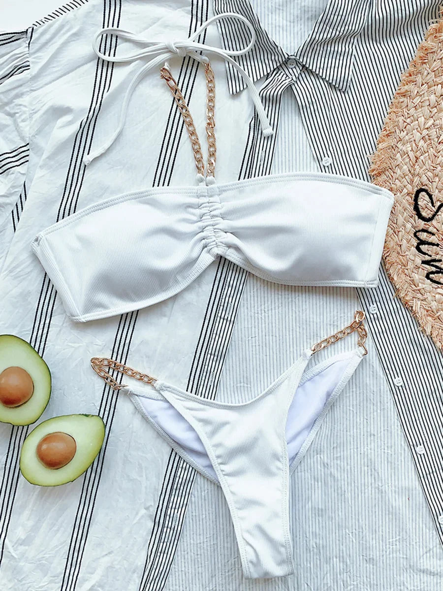 New Halter Ribbed Brazilian Bikini Female Swimsuit Women Swimwear Two pieces Bikini set Metal Chains Bather Bathing Suit Swim