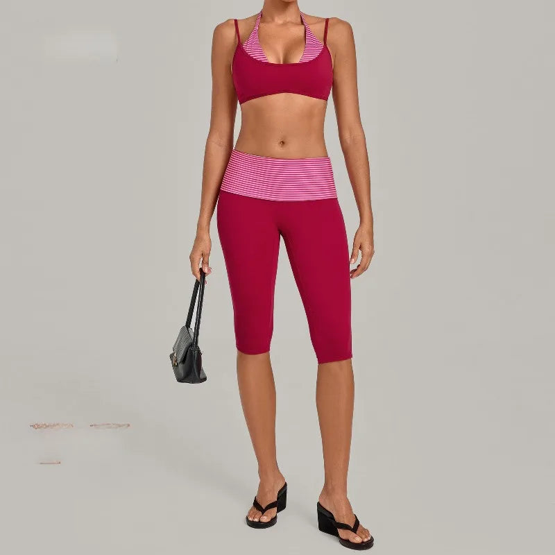 Women's Sleeveless Yoga Set High Waisted Hips-Lifting Capri Leggings Beautiful Back Slim-Fit Bra Suits Sports Gym Fitness Sets