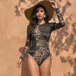 Vintage Long Sleeved Mesh Sunscreen Swimsuit Women Blue Floral Print Drawstring Side High Waist Swimwear 2026 Beach Bathing Suit