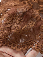 Net fabric see-through deep V nightgown thong set - dark color floral lace strapless fitted sexy nightgown set