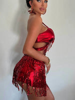 DEKABrazilian Silver Sequin Tassel Bikini Set Women's Halter Fringes Bra Shorts Nightclub Swimsuit Dance Stage Outfit Swimwear