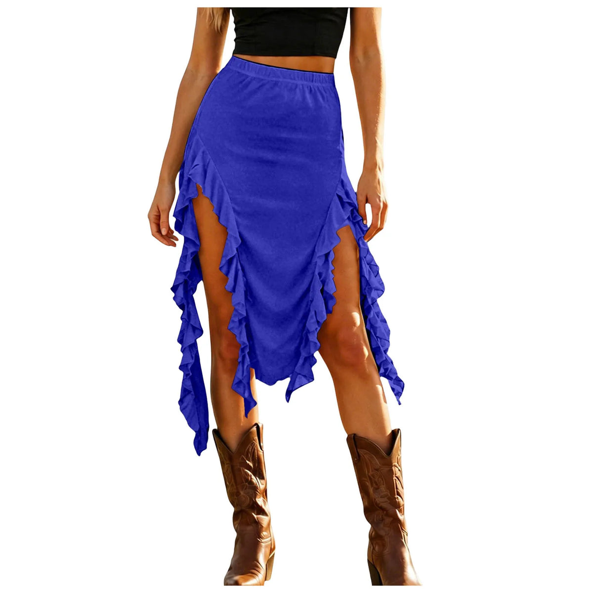 Women Western Boho Midi Skirt High Waist Ruffled Asymmetrical Hem Slit Flowy Summer Skirts Casual Cowgirl Style Streetwear Y2k
