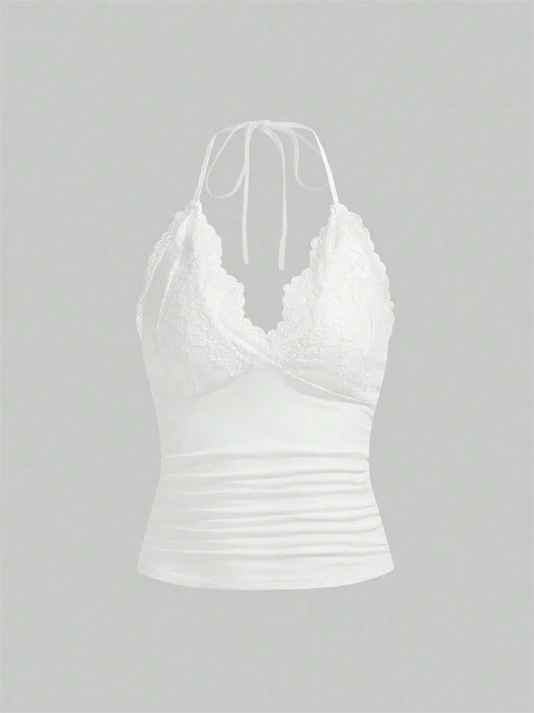 Lace V-neck Halter Top Women Summer Sexy Grunge Punk Goth Backless Ruched Crop Top Cami Top Streetwear Y2K Clothes 2024