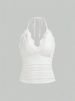 Lace V-neck Halter Top Women Summer Sexy Grunge Punk Goth Backless Ruched Crop Top Cami Top Streetwear Y2K Clothes 2024