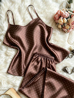 Autumn Women Satin Sleepwear Set Retro Polka Dot Round Neck Top and Pants Elegant Comfortable Pajamas for Home