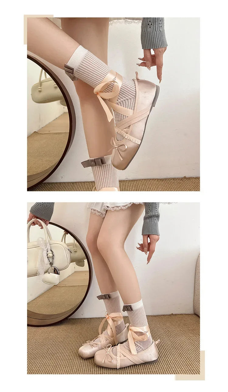2026 Women Satin Ballet Shoes Breathable Lightweight Ribbon Lace Up Non Slip Square Toe for Office Summer Daily All Season Wear