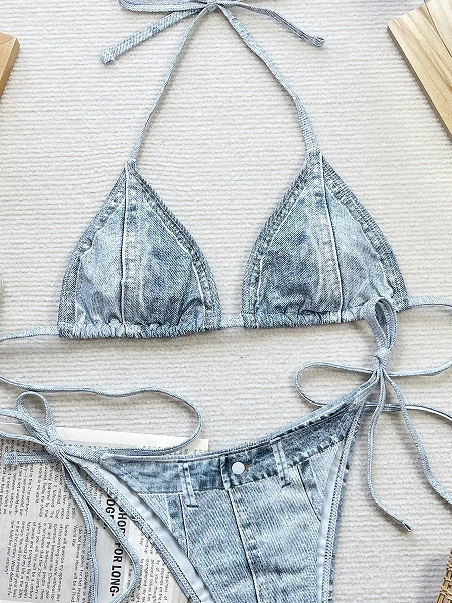 Denim Printed Halter Strappy High Cut Bikini Female Swimsuit Women Swimwear Two-pieces Bikini Set Bather Bathing Suit Swim Lady