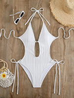 S - XXL Halter V Neck Wrinkled Female Swimwear One Piece Swimsuit Women Backless Monokini High Cut Bathing Suit Swim Beach Wear