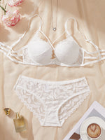 Women Floral Lace Lingerie Set Solid Thin Straps Push Up Sexy Bra Romantic Sheer Intimate Underwear