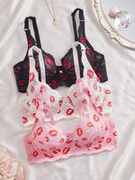 3PCS Sexy Lace Lip Print Women Lingerie Set Hollow Out Mesh Unlined Underwire Bra Bow & Rhinestone Sexy Bras