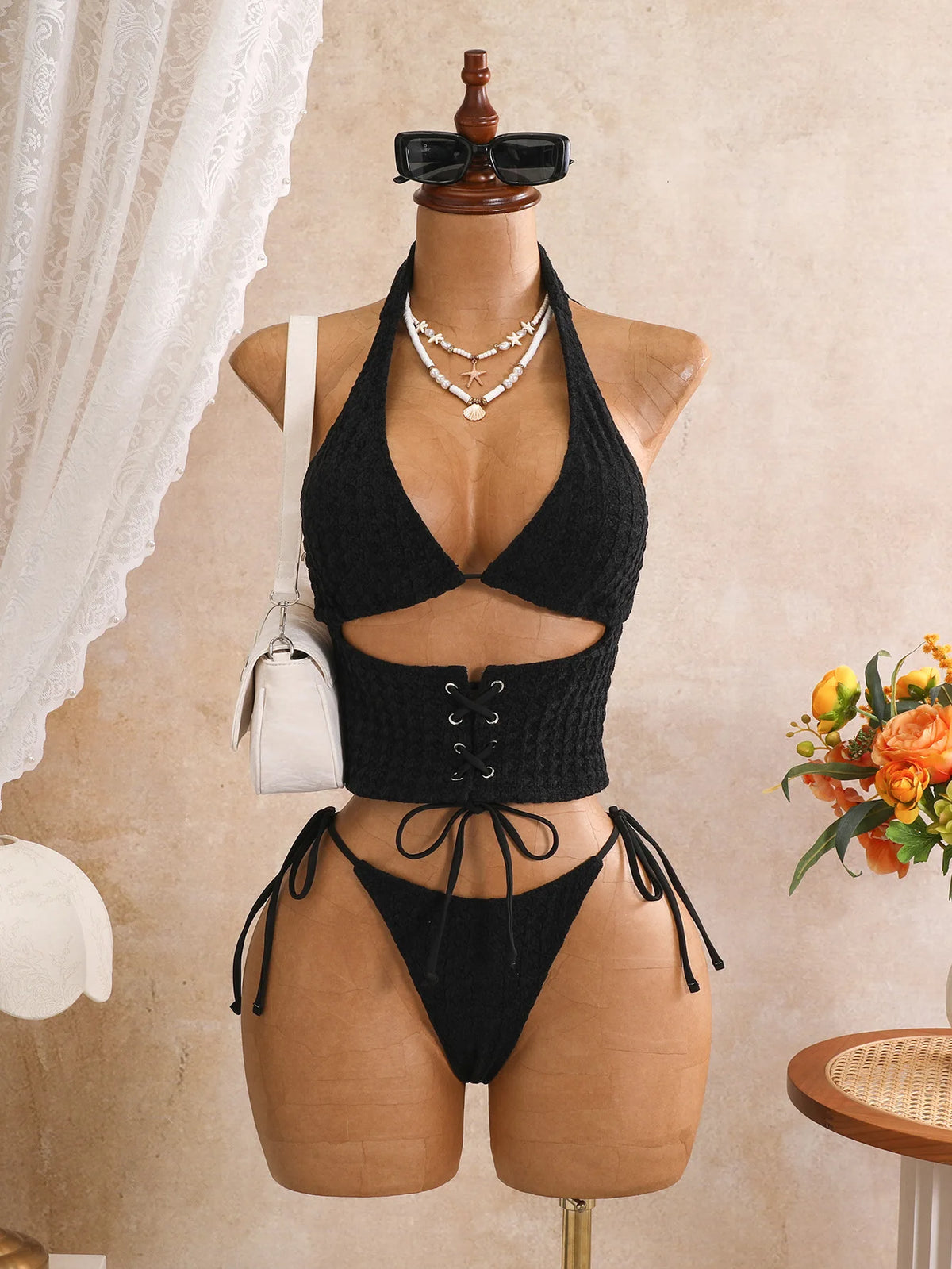 Sexy Black Plaid Print Holiday Bikinis Sets 2026 Women Bandage Cross Fishbone Top 3 Piece Swimsuit Summer Bathing Suit Swimwear