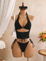 Sexy Black Plaid Print Holiday Bikinis Sets 2026 Women Bandage Cross Fishbone Top 3 Piece Swimsuit Summer Bathing Suit Swimwear