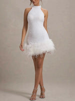 Elegant White Sequins Feather Hem Mini Dress Women Sexy Off Shoulder Slim Halter Dresses 2025 New Shiny Female Party Vestidos