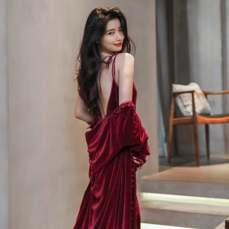 V-Neck Long Velour Robe&Strap Nightgown Suit Autumn Sexy Sleepwear Bride Bridesmaid Bathrobes Chemise Sleepdress Loungewear