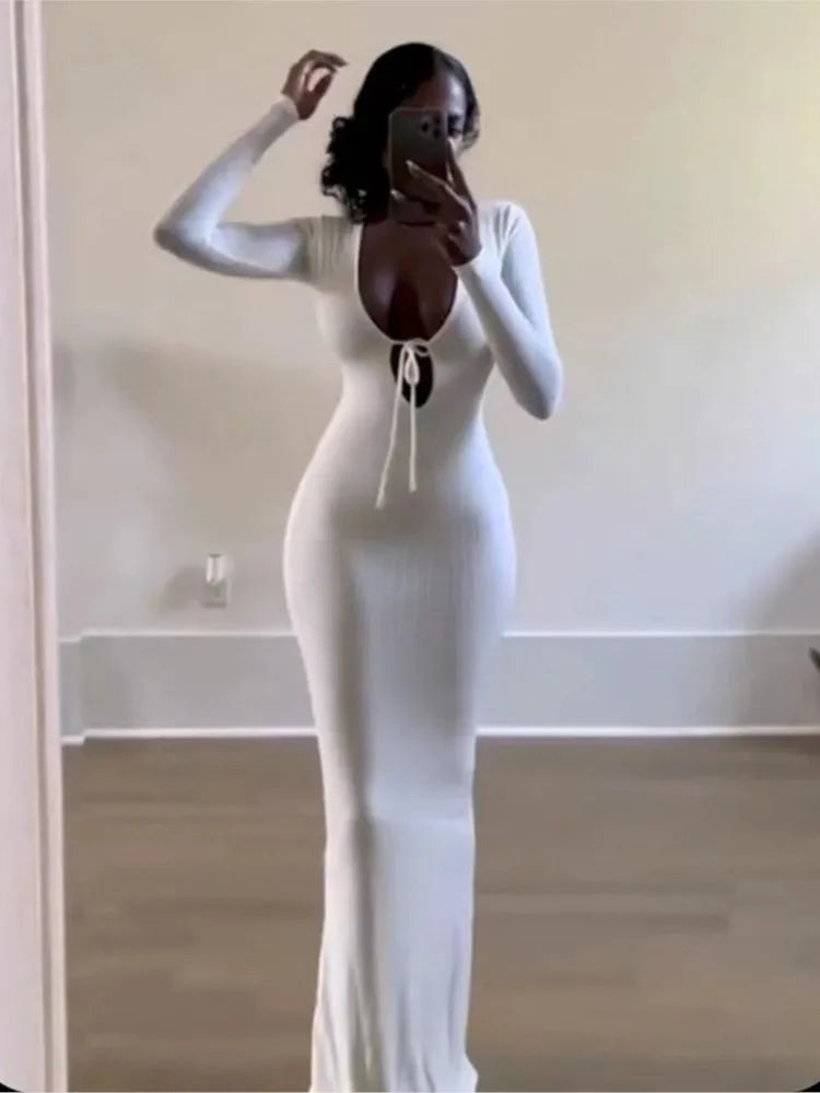 Trendy Solid Color Slim Long Dresses Women Sexy Deep V-neck Hollow Out Leace-up Package Hip Bodycon Party Dress Female Vestidos