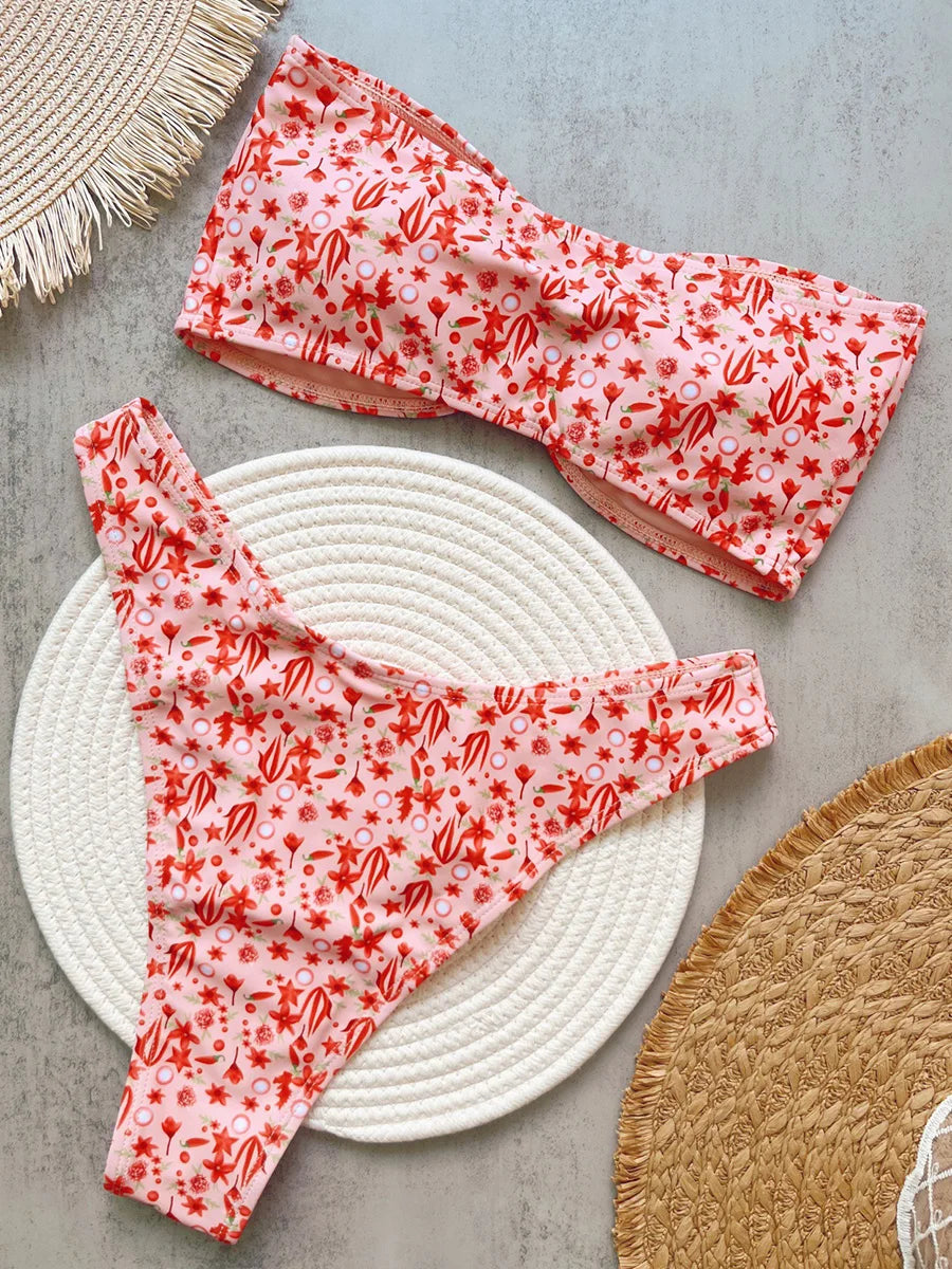 Floral Printed Bandeau Bikini Women Swimsuit Female Swimwear Two Pieces Bikini Set Strapless Bather Bathing Suit Swim Beachwear