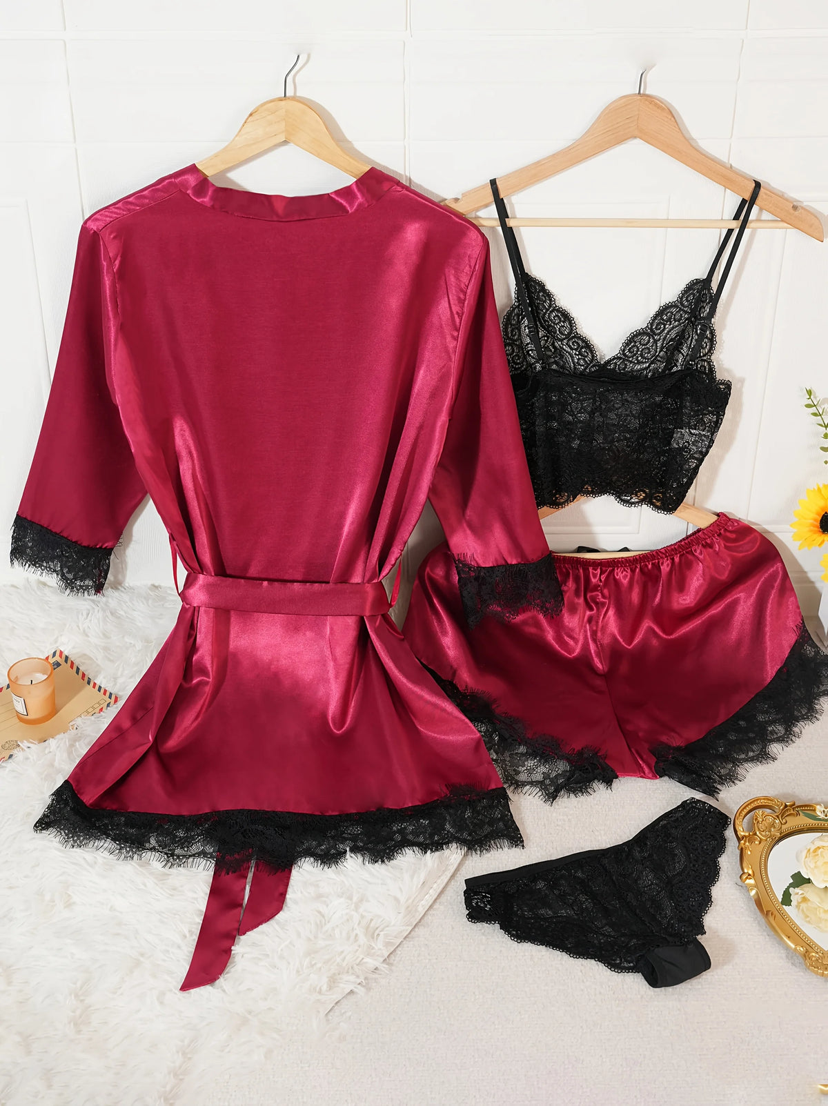 4Pcs Women Satin Pajama Set Robe Lace Lingerie Sexy Silk Nightwear Sleepwear Soft Satin Nightgown Pyjamas Nightdress Nighty Robe