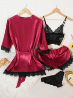 4Pcs Women Satin Pajama Set Robe Lace Lingerie Sexy Silk Nightwear Sleepwear Soft Satin Nightgown Pyjamas Nightdress Nighty Robe